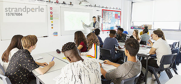 Gymnasiasten beobachten den Lehrer auf der Projektionsfläche während des Unterrichts im Klassenzimmer