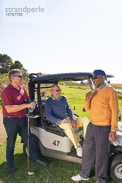 Männliche Golffreunde unterhalten sich am sonnigen Golfwagen