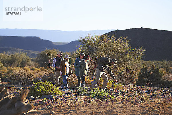 Safari-Reiseleiter erklärt einer Gruppe Pflanzen in Südafrika