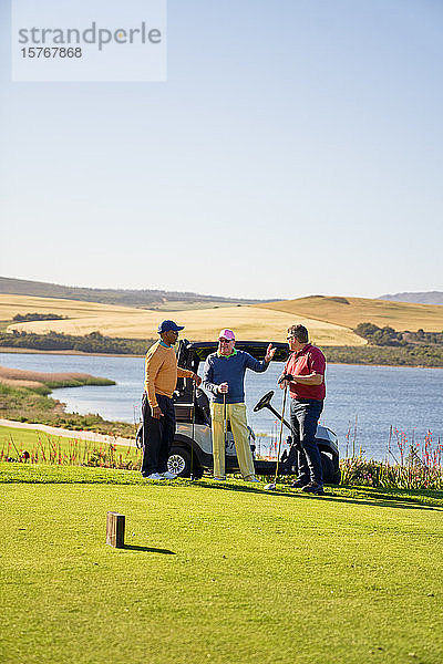 Männliche Golffreunde unterhalten sich auf einem sonnigen Golfplatz am See