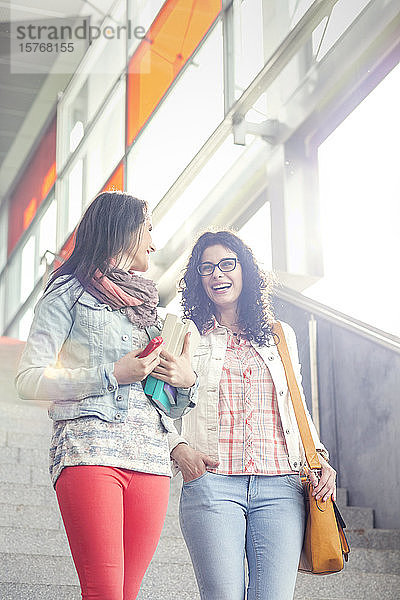 Glückliche junge Frauen  die eine städtische Treppe hinabsteigen