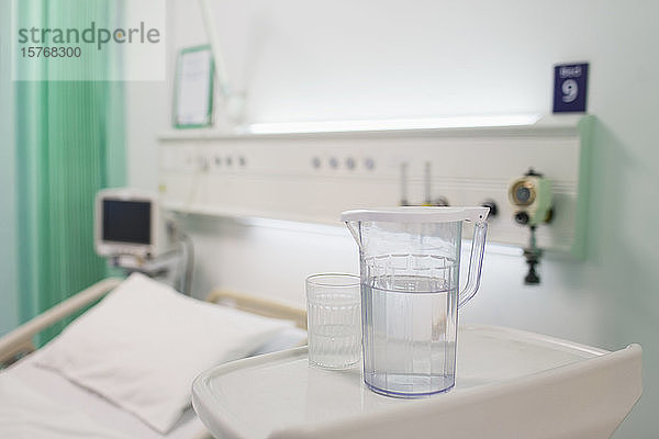 Wasserkrug und Glas auf einem Tablett in einem leeren Krankenhauszimmer