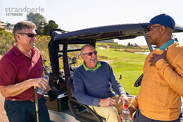 Männliche Freunde unterhalten sich am Golfwagen auf einem sonnigen Golfplatz