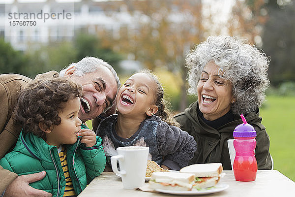 Verspielte Großeltern und lachende Enkelkinder beim Mittagessen im Park