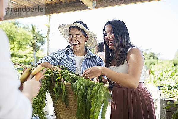 Fröhliche junge Frauen beim Einkaufen auf dem Bauernmarkt