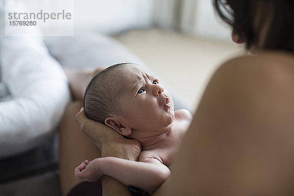 Mutter hält niedlichen wählerischen neugeborenen Baby-Jungen