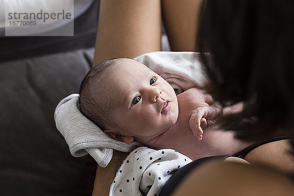 Mutter wiegt süßen neugeborenen Babysohn