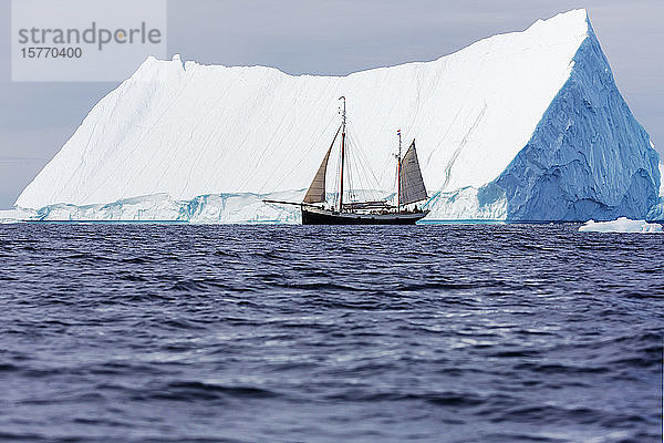 Schiff fährt an einem majestätischen Eisberg auf dem sonnigen Atlantik vorbei Grönland