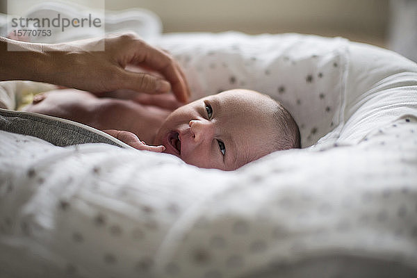 Niedliches neugeborenes Baby liegt im Stubenwagen