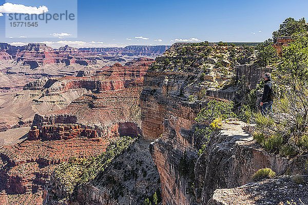 Tourist in der Nähe des Randes  der die Aussicht auf den Grand Canyon vom Mohave Point mit einem Blick auf den Colorado River und den Powell Point in der Ferne genießt  South Rim; Arizona  Vereinigte Staaten von Amerika