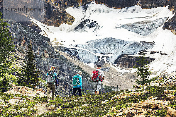 Wanderer auf einem Bergpfad mit einem Gletscher auf einer Bergklippe im Hintergrund  Yoho National Park; Field  British Columbia  Kanada