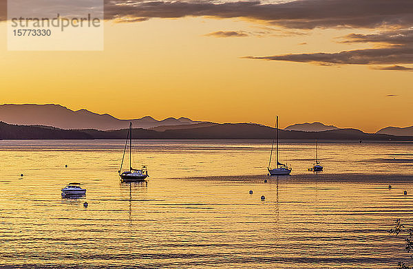 Segelboote vor Anker bei Sonnenuntergang mit dem goldenen Sonnenlicht  das sich auf dem ruhigen Wasser und der Silhouette der Küste spiegelt; Mayne Island  Gulf Islands  BC  Kanada