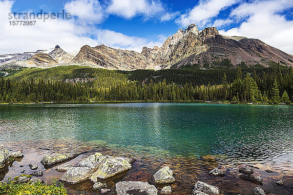 Alpiner See mit felsigem Ufer und Bergkette in der Ferne mit blauem Himmel und Wolken  Yoho National Park; Field  British Columbia  Kanada