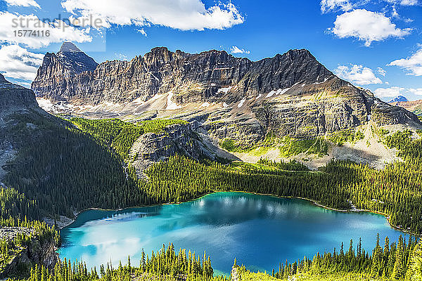 Schöner blauer Alpensee mit schroffen Bergen in der Ferne mit blauem Himmel und Wolken  Yoho National Park; Field  British Columbia  Kanada