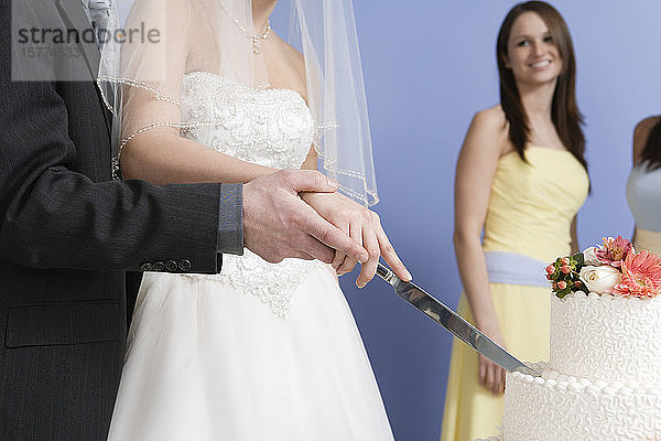 Blick auf Braut und Bräutigam beim Anschneiden der Torte.