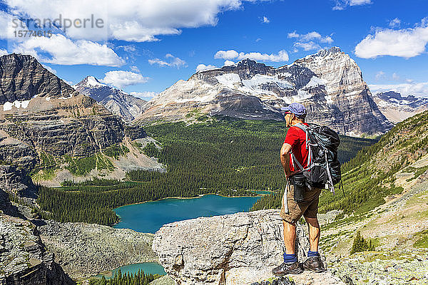 Männlicher Wanderer auf felsigem Grat mit Blick auf einen blauen Alpensee und Bergketten in der Ferne mit blauem Himmel und Wolken  Yoho National Park; Field  British Columbia  Kanada