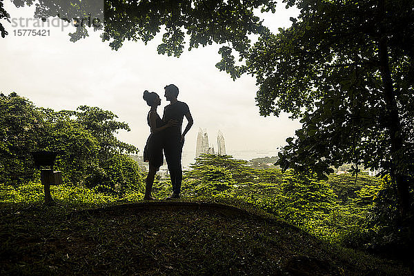 Silhouette eines jungen Paares  das unter Bäumen in einem Wald steht  Wolkenkratzer in der Ferne.