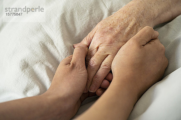 Häusliche Pflegekraft hält die Hand eines Patienten