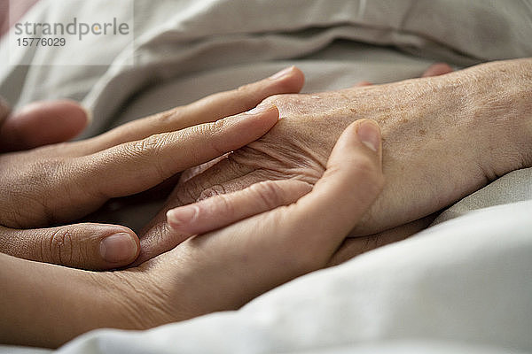 Häusliche Pflegekraft hält die Hand eines Patienten