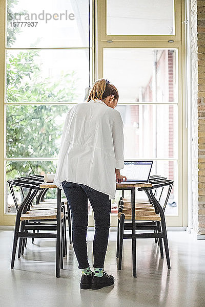 Rückansicht einer Unternehmerin  die zu Hause am Laptop arbeitet