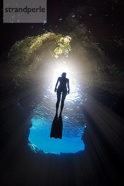 Frau beim Freitauchen  Tiefblick  Schwalbenhöhle  Vavau  Tonga  Fidschi