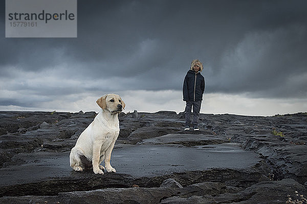 Junge auf Felsen mit Haustier Labradorhund  Doolin  Clare  Irland