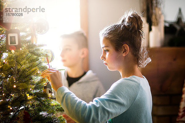 Geschwister schmücken den Weihnachtsbaum zu Hause