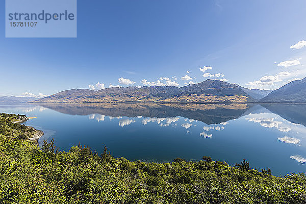 Neuseeland  Queenstown-Lakes District  Wanaka  Blauer Sommerhimmel spiegelt sich im Wanakasee