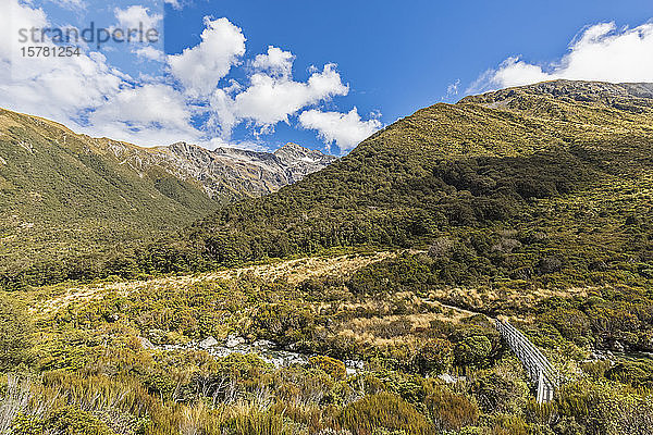 Neuseeland  Distrikt Selwyn  Arthurs Pass  Grün bewaldetes Bergtal