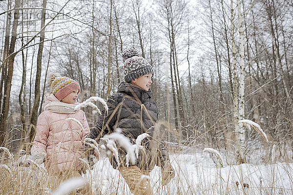 Zwei Geschwister gehen Hand in Hand im Winterwald