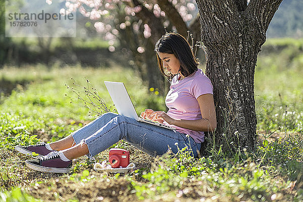 Teenager-Mädchen sitzt auf einer Wiese und lehnt sich mit einem Laptop an einen Baumstamm