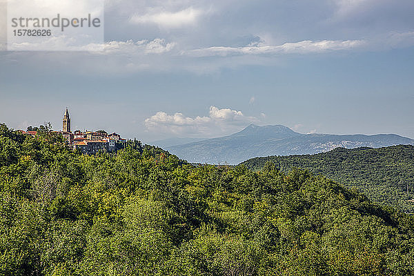 Kroatien  Istrien  Labin  Blick auf Stadt und grüne Hügel
