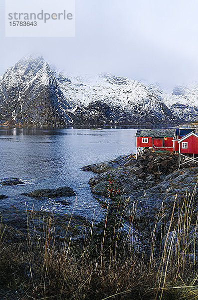 Rote Hütten an der Küste  Hamnoy  Lofoten  Norwegen