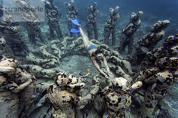 Frau schwimmt in der Nähe einer Unterwasser-Skulptur von Jason deCaires Taylor  Insel Gili Meno  Bali  Indonesien