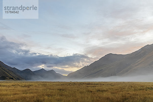 Neuseeland  Ozeanien  Südinsel  Otago  Closeburn  Moke Lake und Grasfeld im Morgennebel