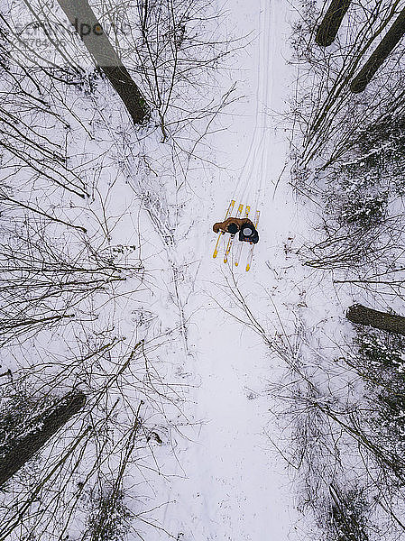 Luftaufnahme eines Paares mit Skiern im Wald  Gebiet Leningrad  Russland