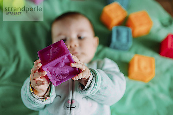 Babyhände halten lila Gummiwürfelspielzeug  Nahaufnahme