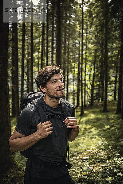Mann mit Rucksack auf einer Wanderung im Wald  Karwendel  Tirol  Österreich