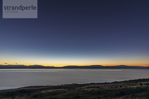 Neuseeland  Klarer Himmel über dem Ufer des Pukaki-Sees in der Morgendämmerung