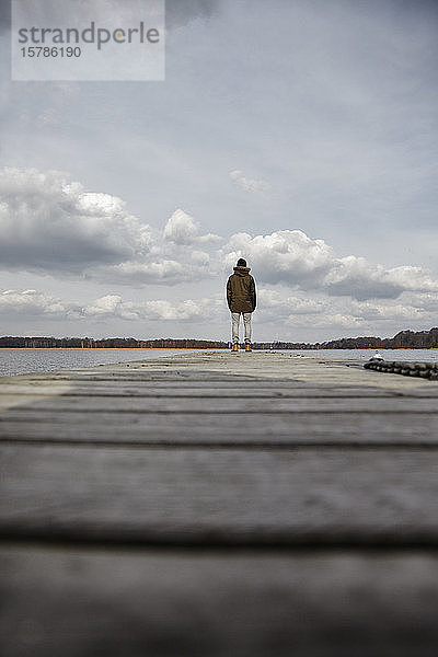 Rückenansicht eines jungen Mannes  der auf einem Steg steht und auf den See schaut