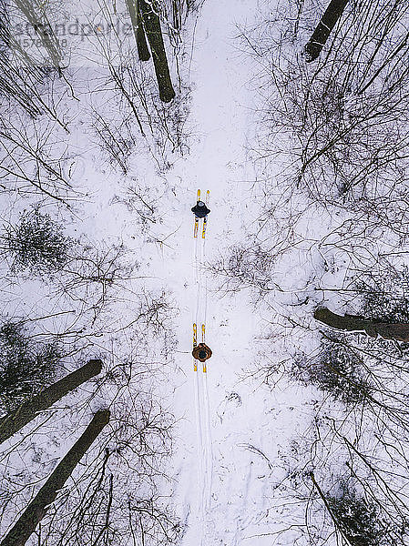 Luftaufnahme eines Paares mit Skiern im Wald  Gebiet Leningrad  Russland