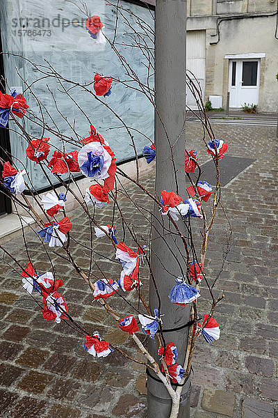 Frankreich  Normandie  Dekoration für den Feiertag D-Day (6. Juni 1944 als Beginn der alliierten Landung in der Normandie im Zweiten Weltkrieg) - rote  weiße  blaue Blumen aus Papier