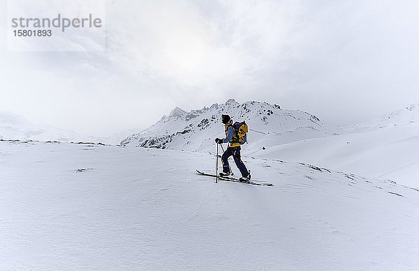 Skitourengeher im Schnee bei Nebel  hinter Schluchtspitzen  Wattentaler Lizum  Tuxer Alpen  Tirol  Österreich  Europa