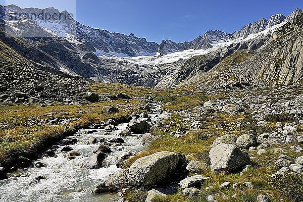 Damma-Gletscher vor einem Wildbach in herbstlicher Umgebung  Göscheneralp  Kanton Uri  Schweiz  Europa