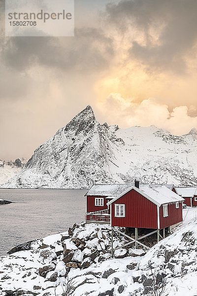 Rorbuer-Fischerhütten am verschneiten Fjord  Hamnøya  Moskenesøy  Lofoten  Norwegen  Europa