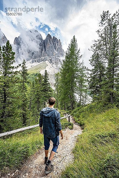 Junger Mann  Wanderer auf einem Wanderweg im Wald  in den hinteren Bergspitzen der Geislergruppe  Parco Naturale Puez Odle  Südtirol  Italien  Europa