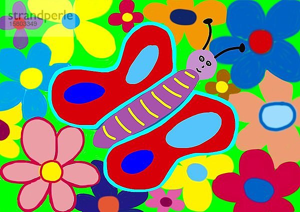 Naive Illustration  Kinderzeichnung  Schmetterling auf der Blumenwiese  Deutschland  Europa