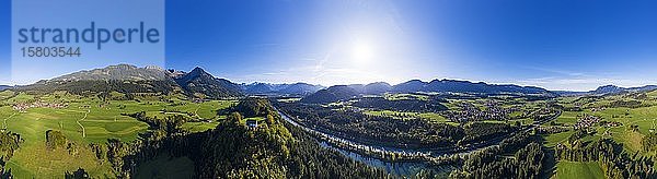 360 Grad Panorama  Angeln im Allgäu  Schlosskirche St. Michael in Schöllang und Iller  Illertal  bei Oberstdorf  Drohnenaufnahme  Oberallgäu  Allgäuer Alpen  Allgäu  Schwaben  Bayern  Deutschland  Europa