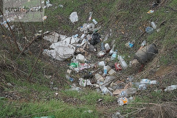 Symbolbild Umweltverschmutzung  Plastikmüll am Straßenrand  Gebiet Cherson  Ukraine  Europa