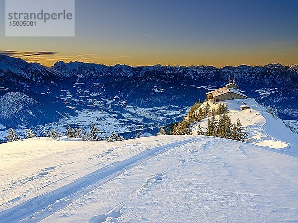 Kehlsteinhaus  einsame Skispur am Kehlsteinhaus  Winterlandschaft  Nationalpark Berchtesgaden  Berchtesgadener Alpen  Schönau am Königssee  Berchtesgadener Land  Oberbayern  Bayern  Deutschland  Europa